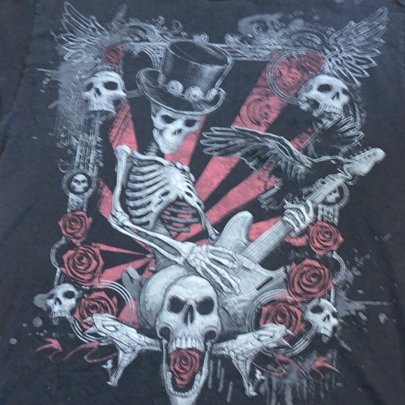 Retro Mens Large Alstyle Skeleton Playing BASS Guitar Roses T SHIRT Black - Picture 2 of 4